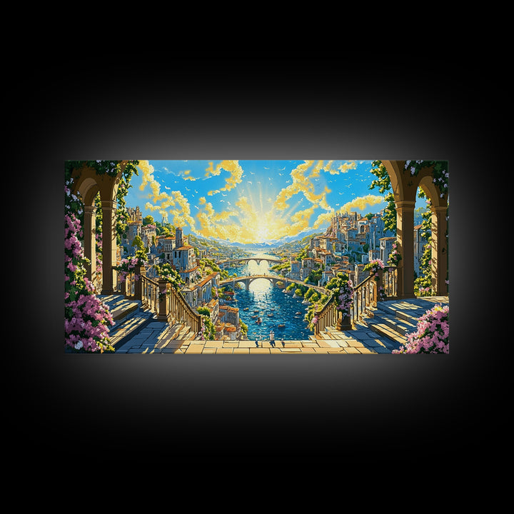 Sunlit Fantasy River City From Balcony Canvas Print, Mediterranean Wall Art, Colorful Coastal Decor, Bright Above Sofa Print