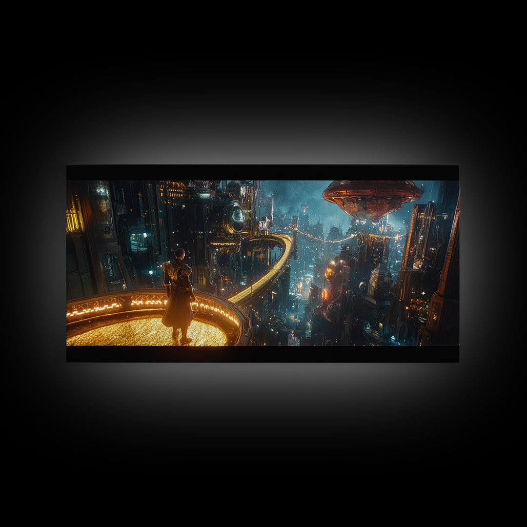 Cyberpunk Balcony Over Neon Megacity Wall Art, Futuristic Sci Fi Canvas, Dystopian Cityscape Large Office Living Room Print