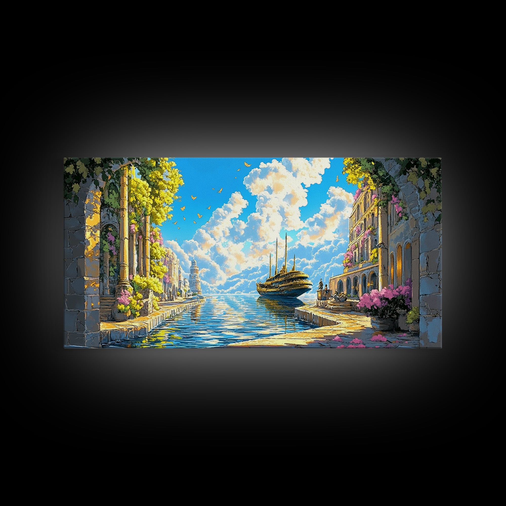 Sunlit Mediterranean Canal And Flowered Stone City Wall Art, Coastal Italy Canvas Print For Living Room Decor And Beach House Decor