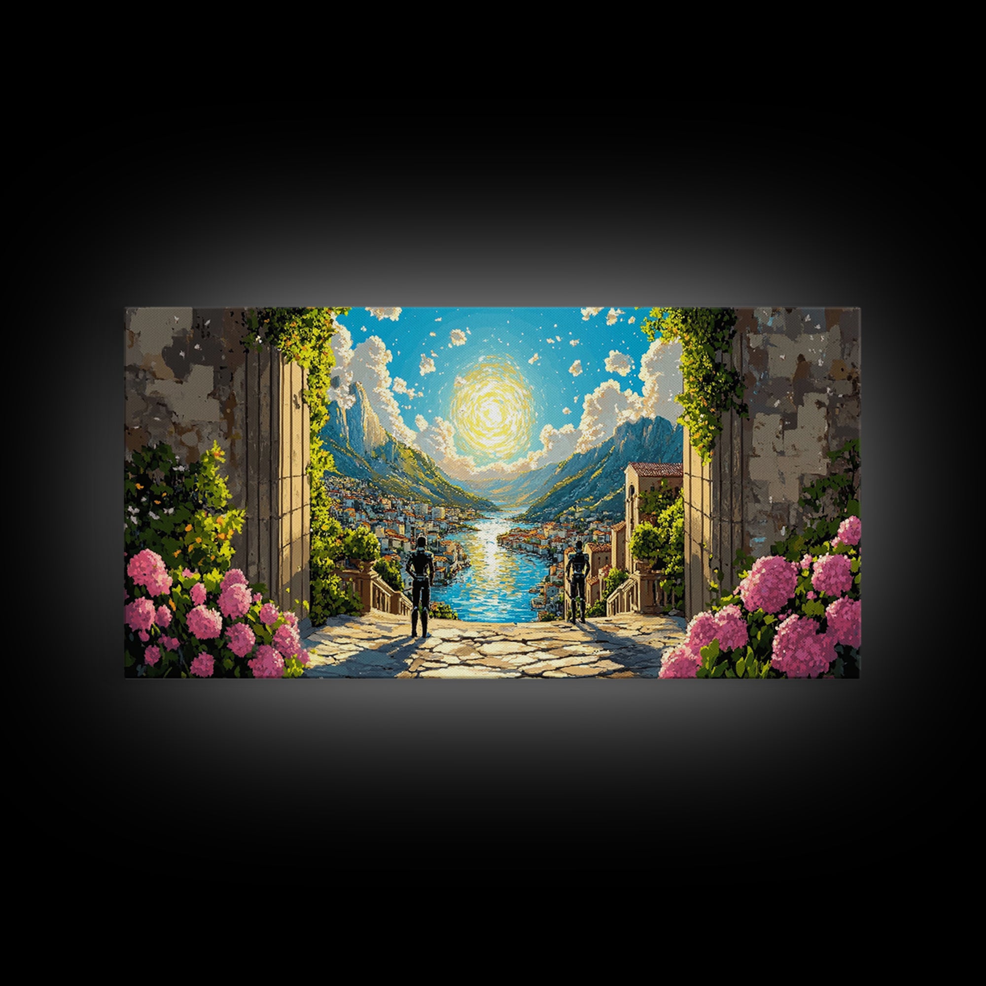 Radiant Alpine Lake Como Village Through Stone Arch Wall Art, Italian Landscape Print For Elegant Home Decor And Travel Lover Gift