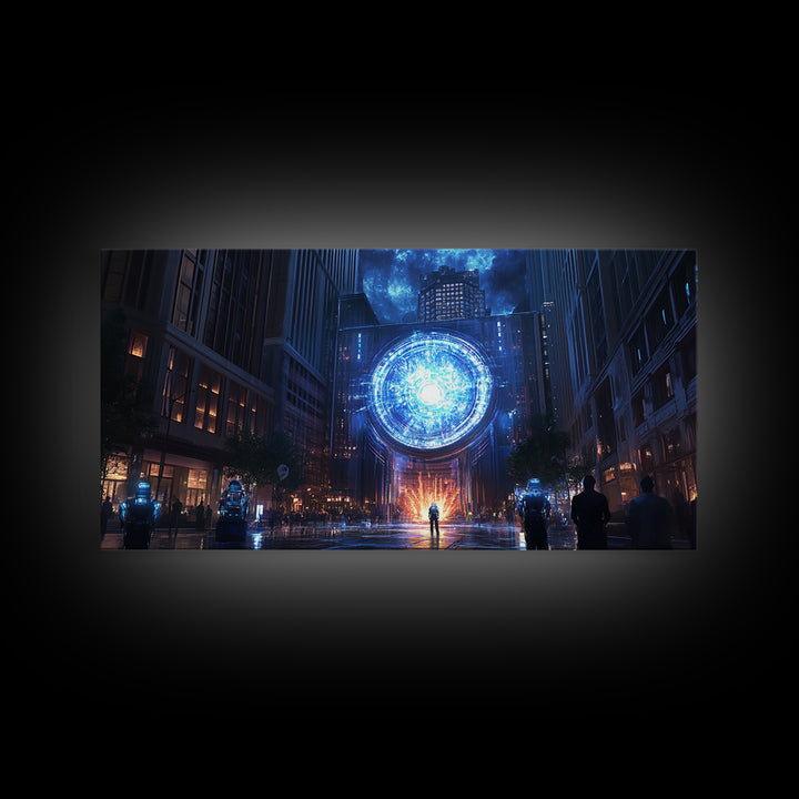 Blue Cosmic Portal Over Dark City Street Framed Canvas Print, Sci Fi Wall Art For Gaming Room Decor And Modern Cyberpunk Decor