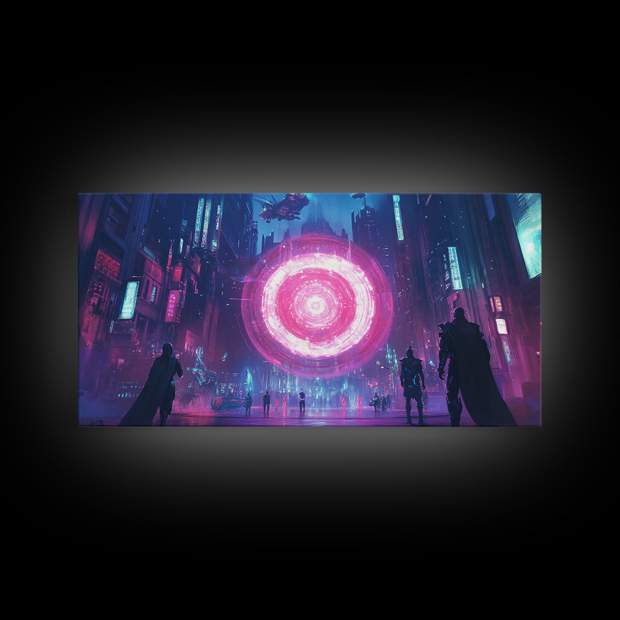 Neon Pink Portal In Rainy Cyberpunk Megacity Canvas Print, Futuristic Wall Art For Gaming Room Decor And Sci Fi Gift For Him