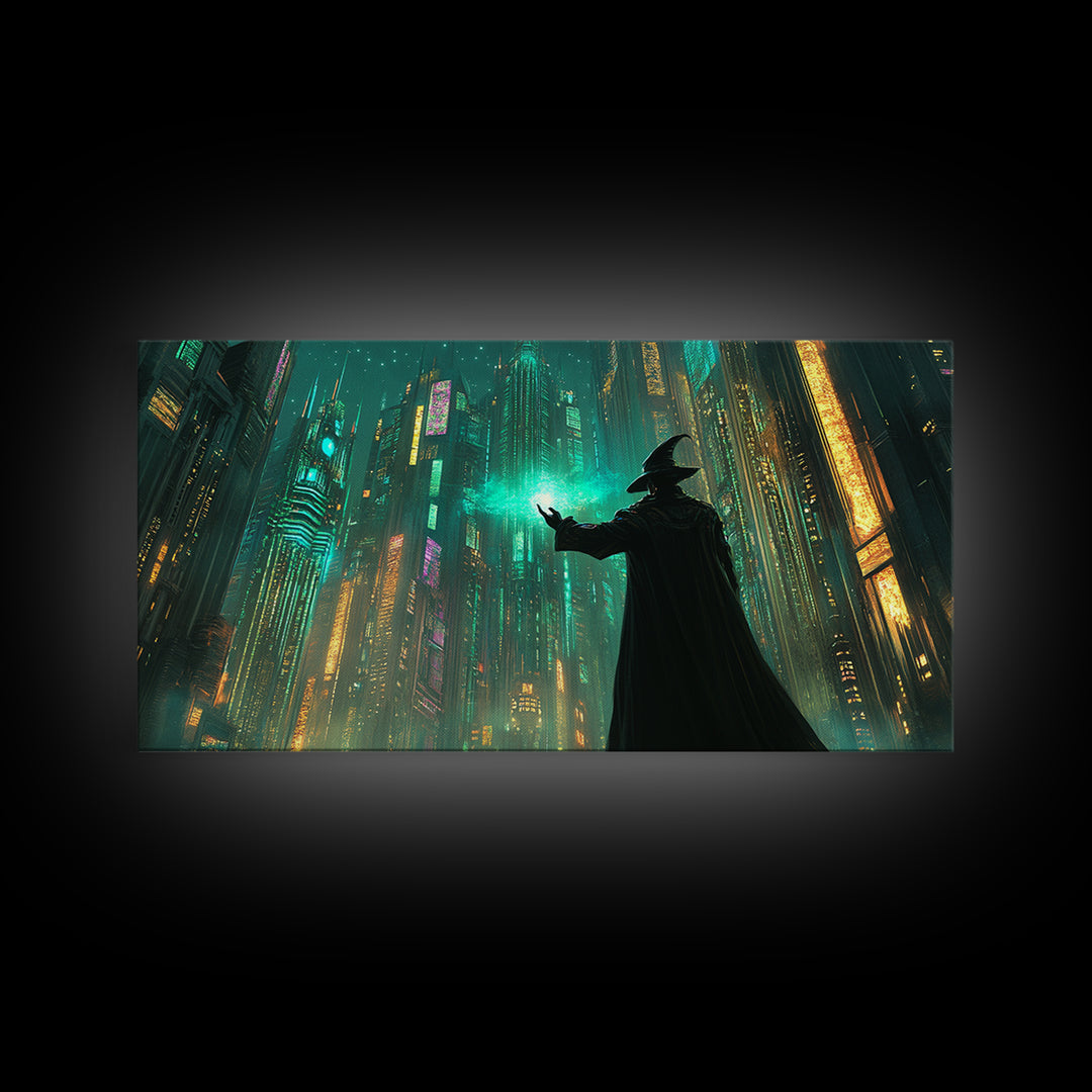 Wizard Casting Green Light In Futuristic Neon City Framed Canvas Print, Cyberpunk Wall Art For Sci Fi Office Decor And Gaming Room