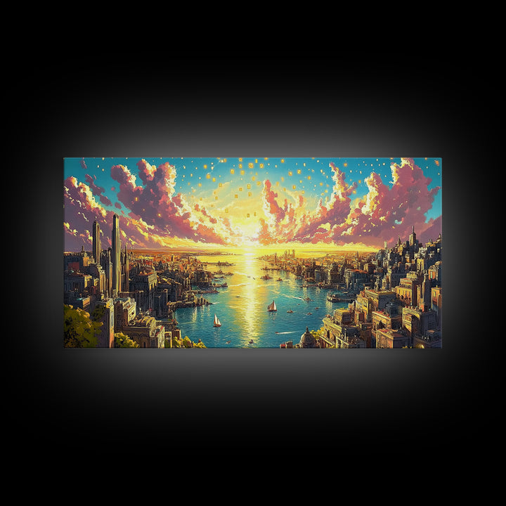 Panoramic Golden Harbor City At Sunrise Wall Art, Futuristic Coastal Canvas Print For Living Room Decor And Large Horizontal Art