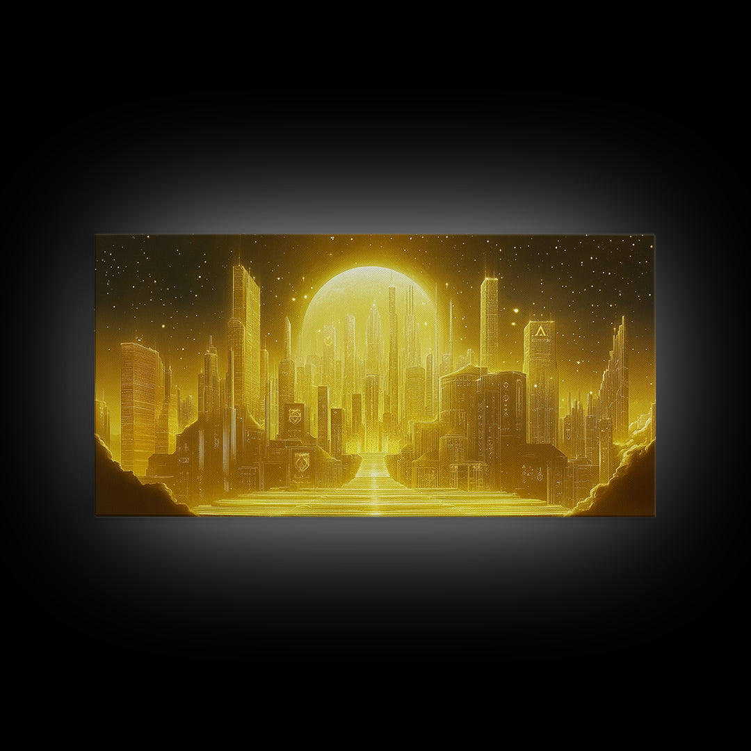 Golden Moon Over Futuristic Skyline And River Wall Art, Celestial City Canvas Print For Modern Office Decor And Sci Fi Home Decor