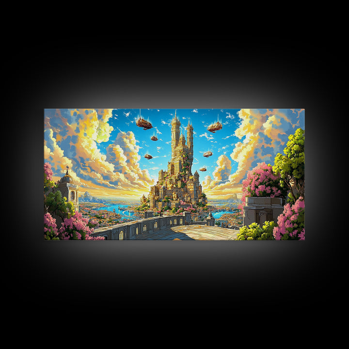 Sunlit Floating Castle City Canvas Print, Fantasy Wall Art, Dreamy Landscape Decor For Large Living Room, Whimsical Sky Kingdom Art