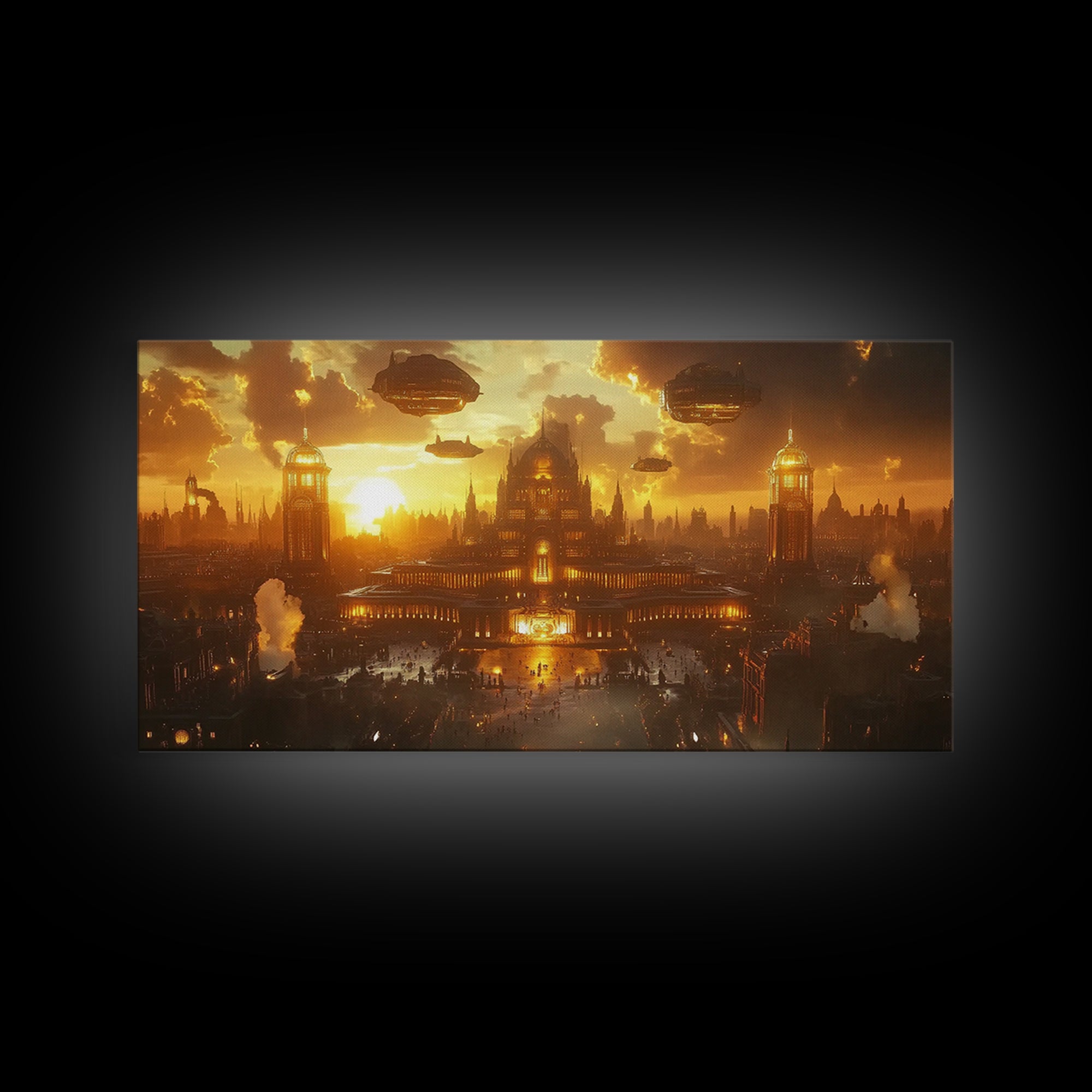 Golden Steampunk Palace Skyline Framed Canvas Print, Fantasy Wall Art, Futuristic Cityscape For Moody Office Decor And Living Room Decor