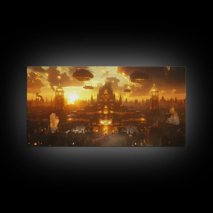 Golden Steampunk Palace Skyline Framed Canvas Print, Fantasy Wall Art, Futuristic Cityscape For Moody Office Decor And Living Room Decor