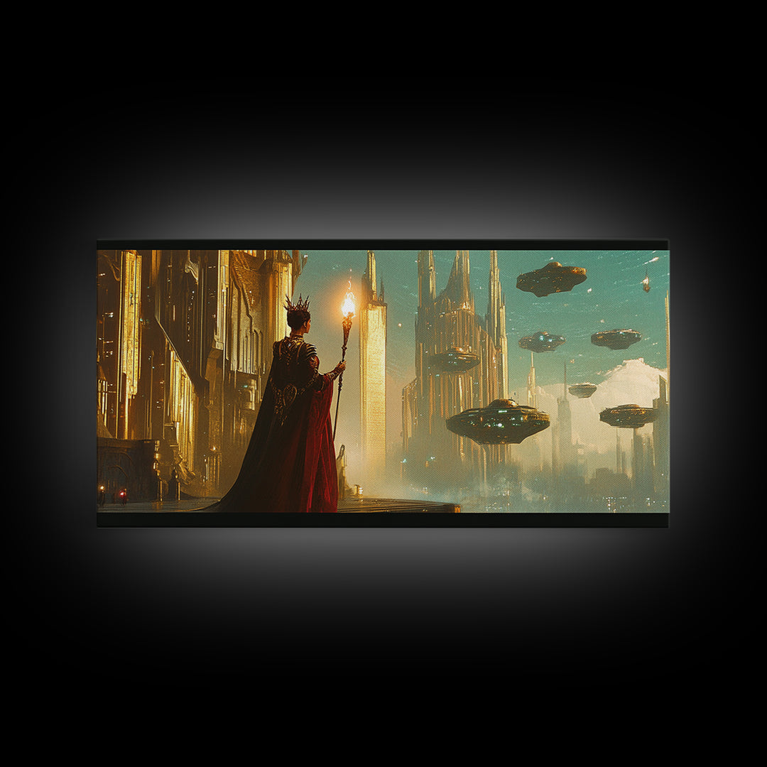 Cloaked Mage With Torch Canvas Print, Fantasy Wall Art, Futuristic Cityscape, Dark Academia Office Decor, Sci Fi Art, Gift For Him