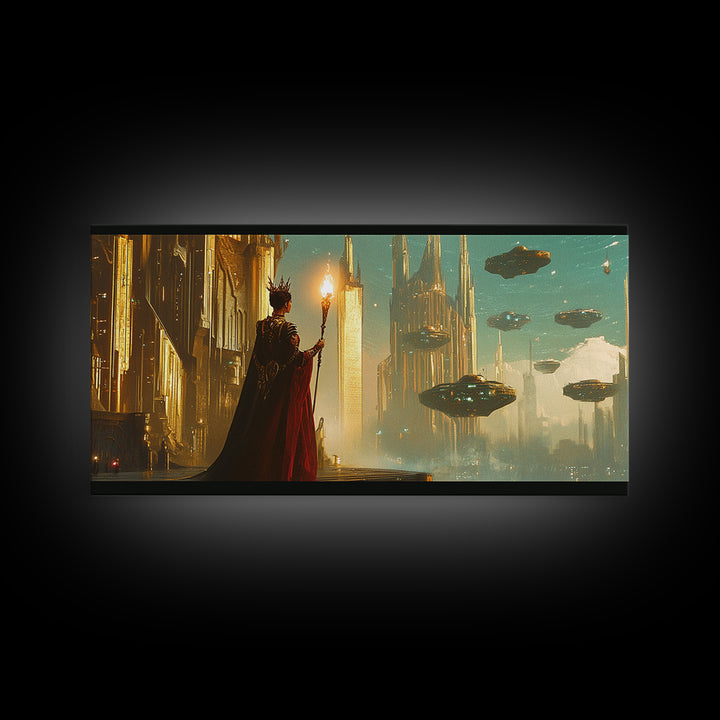 Cloaked Mage With Torch Canvas Print, Fantasy Wall Art, Futuristic Cityscape, Dark Academia Office Decor, Sci Fi Art, Gift For Him