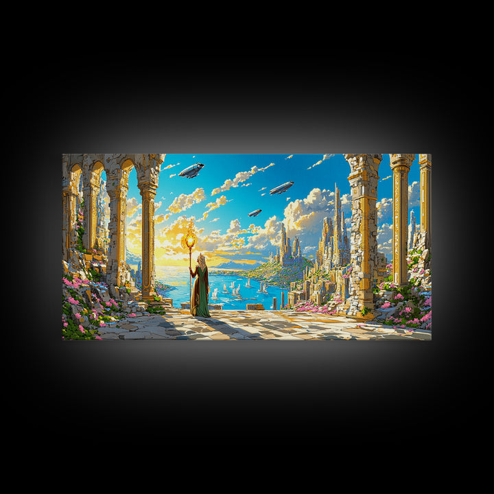 Ancient Ruins Over Ocean Canvas Print, Fantasy Wall Art, Coastal Sky Kingdom Landscape, Whimsical Living Room Decor And Office Art