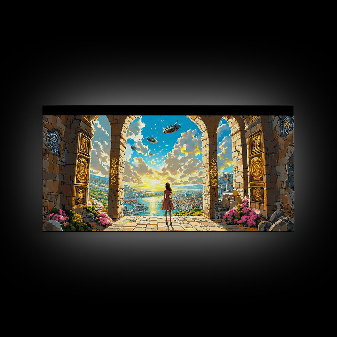 Girl At Golden Archway Canvas Print, Fantasy Wall Art, Magical City View, Whimsical Bedroom Decor And Nursery Wall Art Print