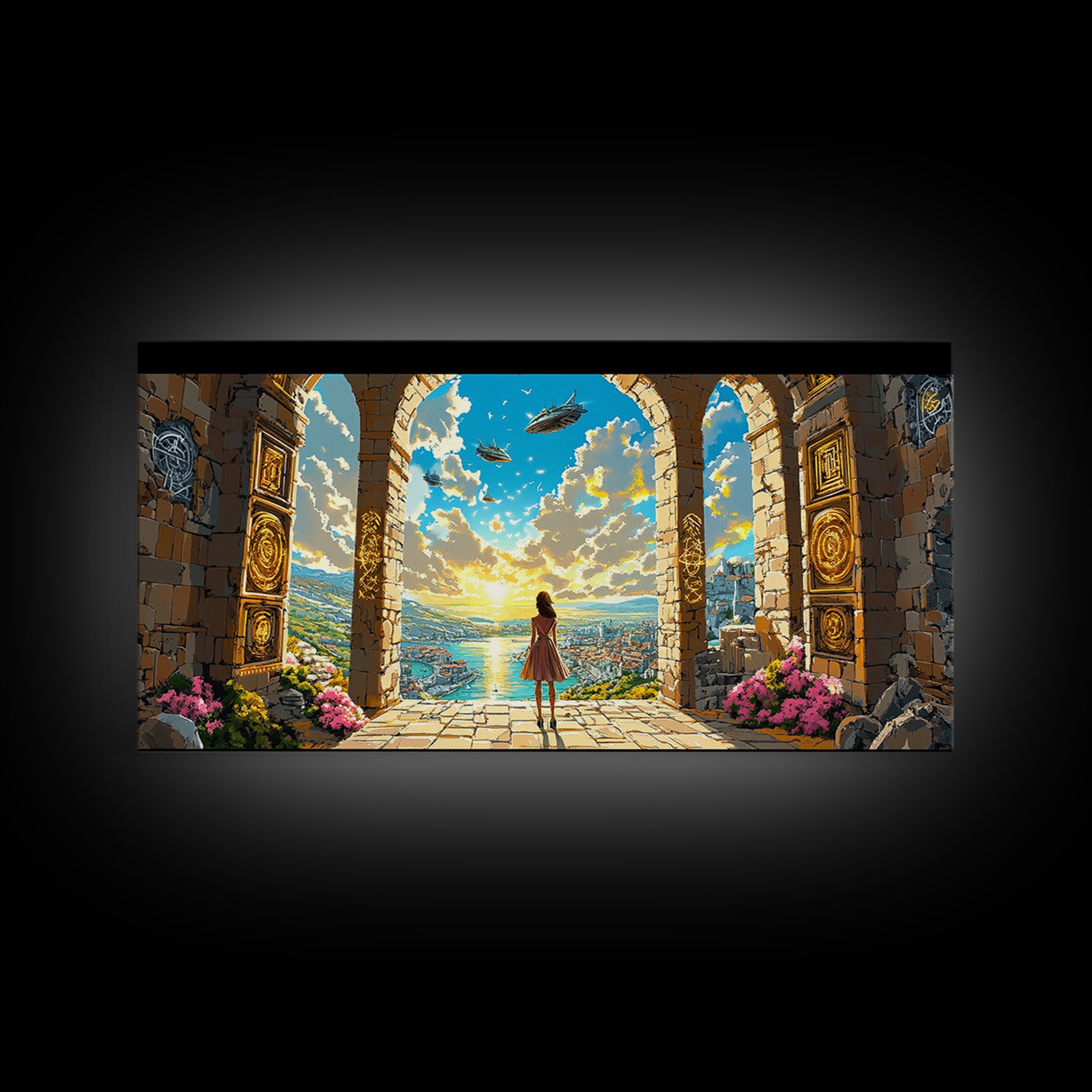 Girl At Golden Archway Canvas Print, Fantasy Wall Art, Magical City View, Whimsical Bedroom Decor And Nursery Wall Art Print