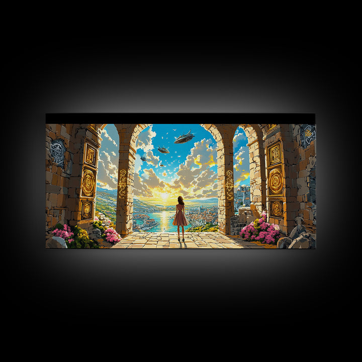 Girl At Golden Archway Canvas Print, Fantasy Wall Art, Magical City View, Whimsical Bedroom Decor And Nursery Wall Art Print