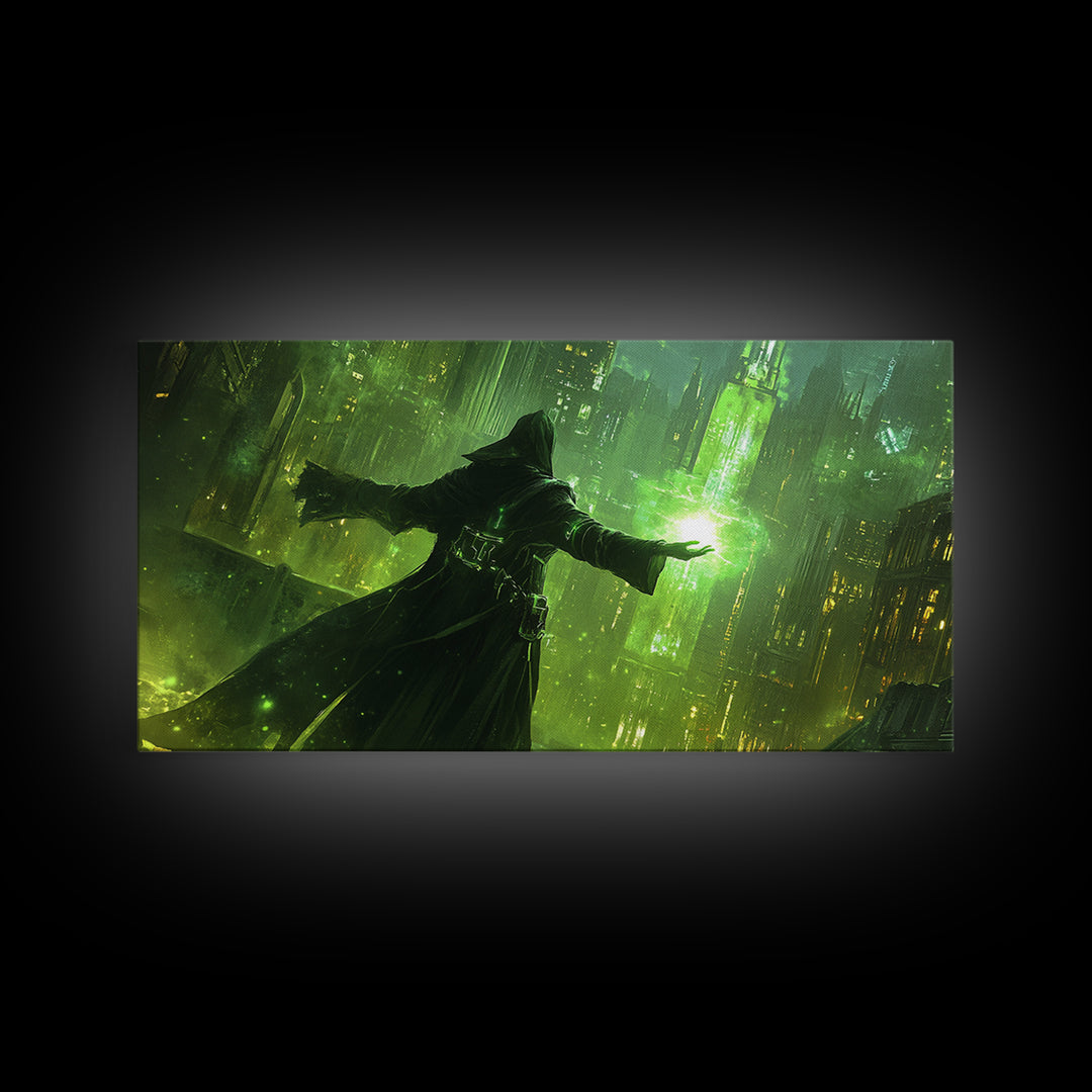 Emerald Dark Sorcerer Canvas Print, Fantasy Wall Art, Green Sci Fi Cityscape, Gothic Office Decor And Gaming Room Art For Him