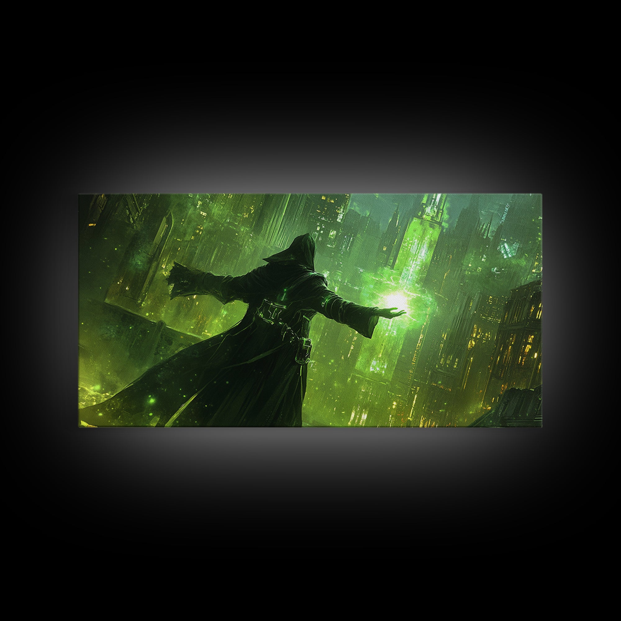 Emerald Dark Sorcerer Canvas Print, Fantasy Wall Art, Green Sci Fi Cityscape, Gothic Office Decor And Gaming Room Art For Him