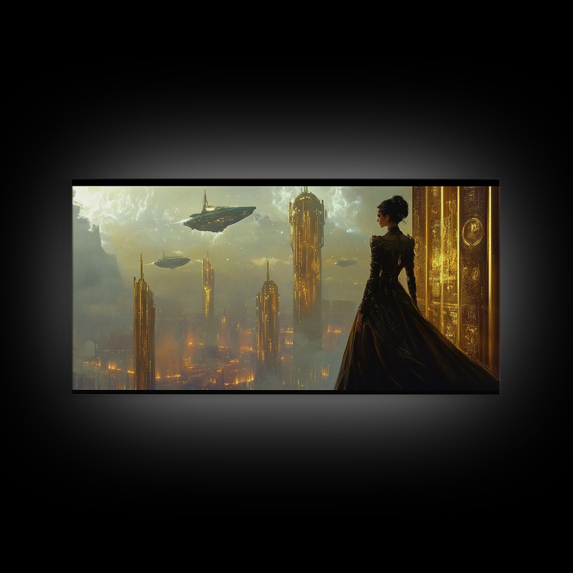 Elegant Woman Over Golden City Framed Canvas Print, Fantasy Wall Art, Futuristic Skyline Decor, Dark Feminine Office Art