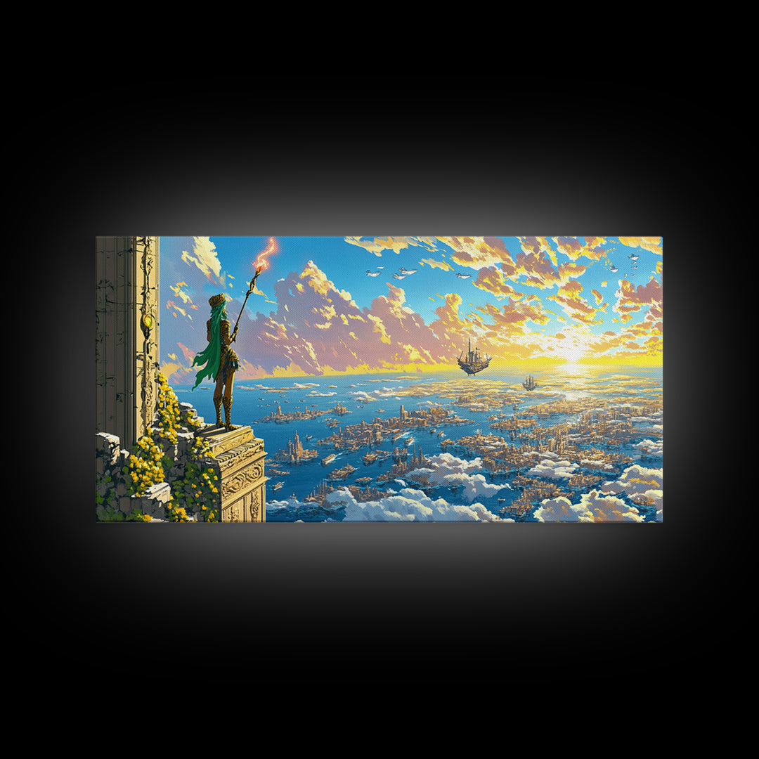 Green Robed Mage Above Cloud City Canvas Print, Fantasy Wall Art, Ocean Sky Landscape, Magical Coastal Living Room Decor