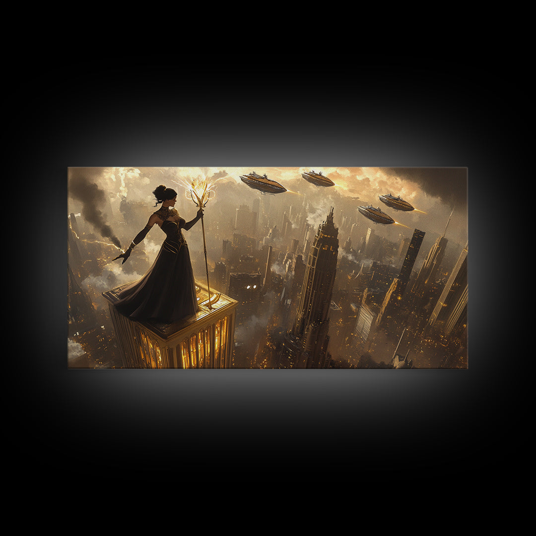 Dark Sorceress On Skyscraper Canvas Print, Fantasy Wall Art, Golden Dystopian City, Gothic Office Decor And Sci Fi Art For Him