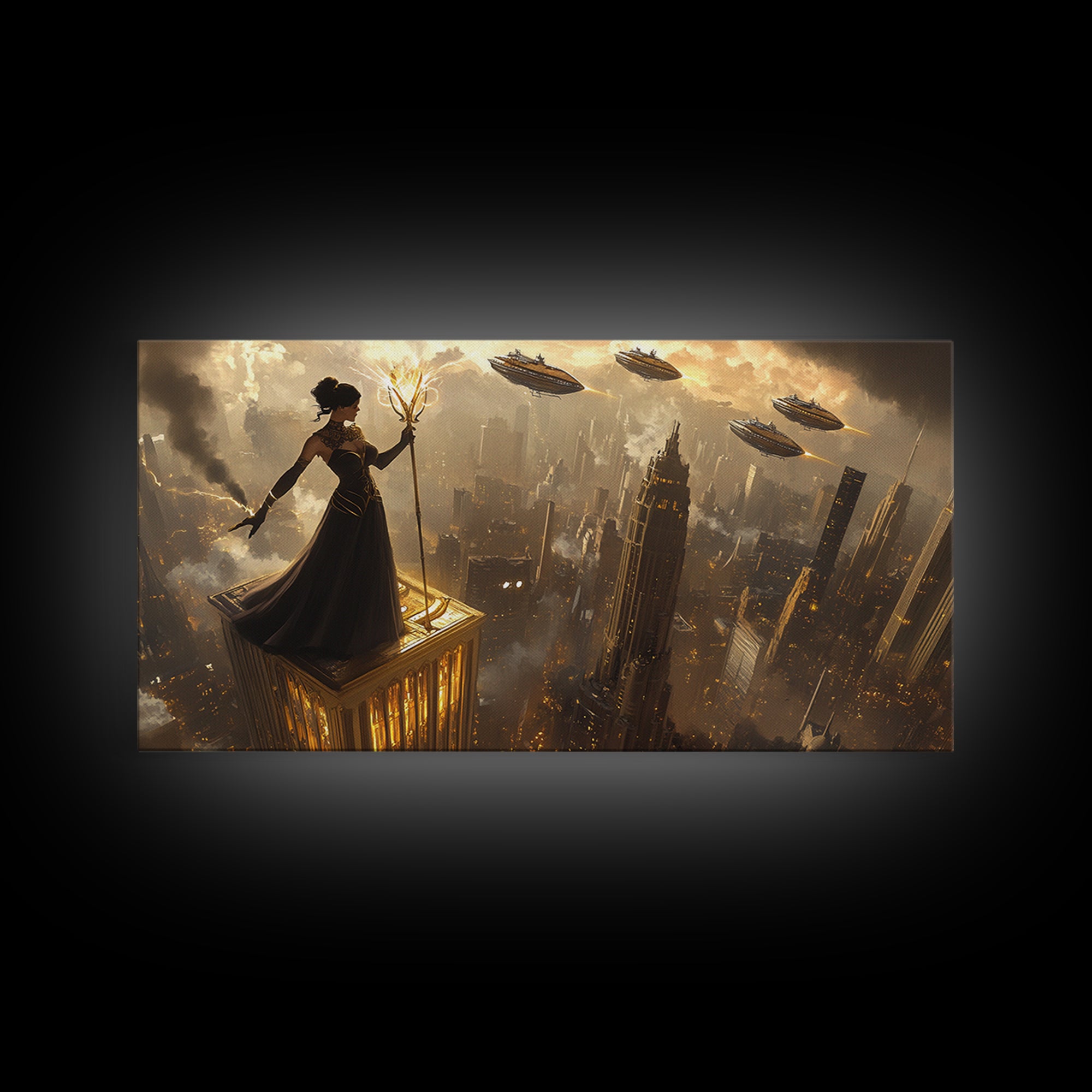 Dark Sorceress On Skyscraper Canvas Print, Fantasy Wall Art, Golden Dystopian City, Gothic Office Decor And Sci Fi Art For Him