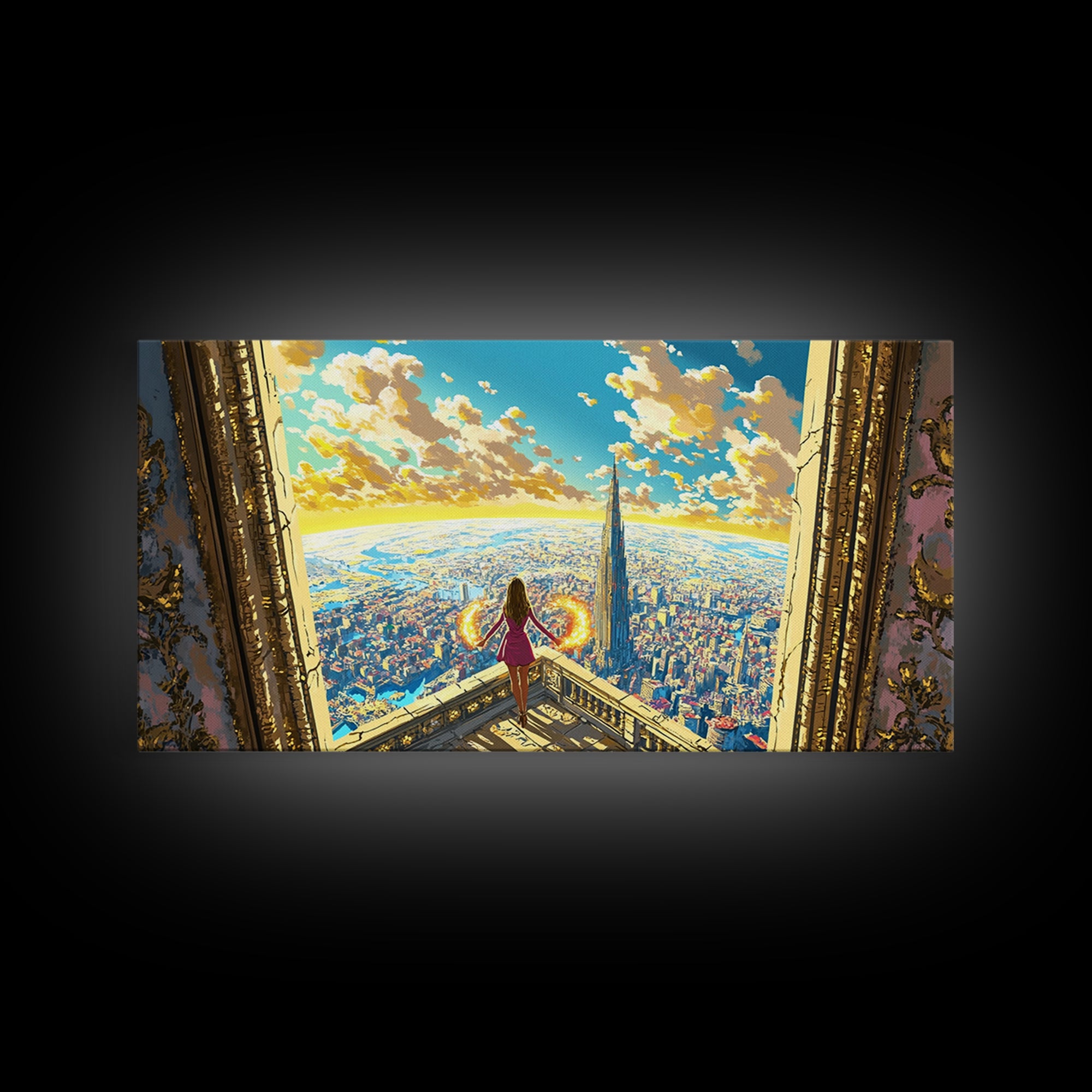 Girl With Fiery Wings Canvas Print, Fantasy Wall Art, Bright Futuristic Cityscape, Magical Bedroom Decor And Heroine Art