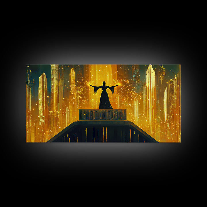 Golden Futuristic City Silhouette Canvas Print, Sci Fi Wall Art, Cyberpunk Skyline Decor, Neon Fantasy Living Room Art Poster