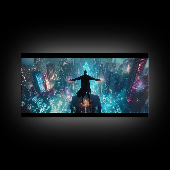 Neon Cyberpunk Skyline Framed Canvas Print, Futuristic City Wall Art, Sci Fi Gamer Room Decor And Dystopian Poster Prints