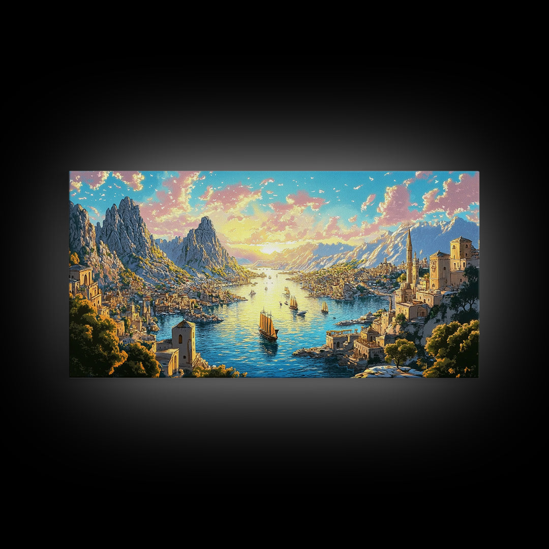 Mediterranean Mountain Harbor Canvas Print, Fantasy Seascape Wall Art, Coastal Village Decor For Living Room And Office Decor