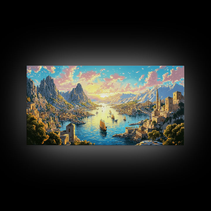 Mediterranean Mountain Harbor Canvas Print, Fantasy Seascape Wall Art, Coastal Village Decor For Living Room And Office Decor
