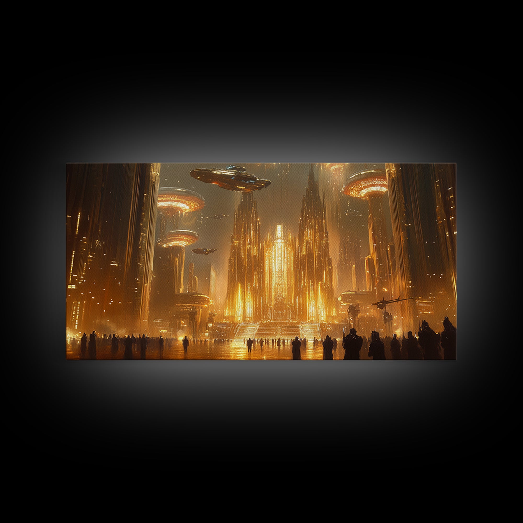 Golden Alien Metropolis Canvas Print, Sci Fi Futuristic City Wall Art, Ufo Fantasy Skyline Decor For Gamer Room And Office