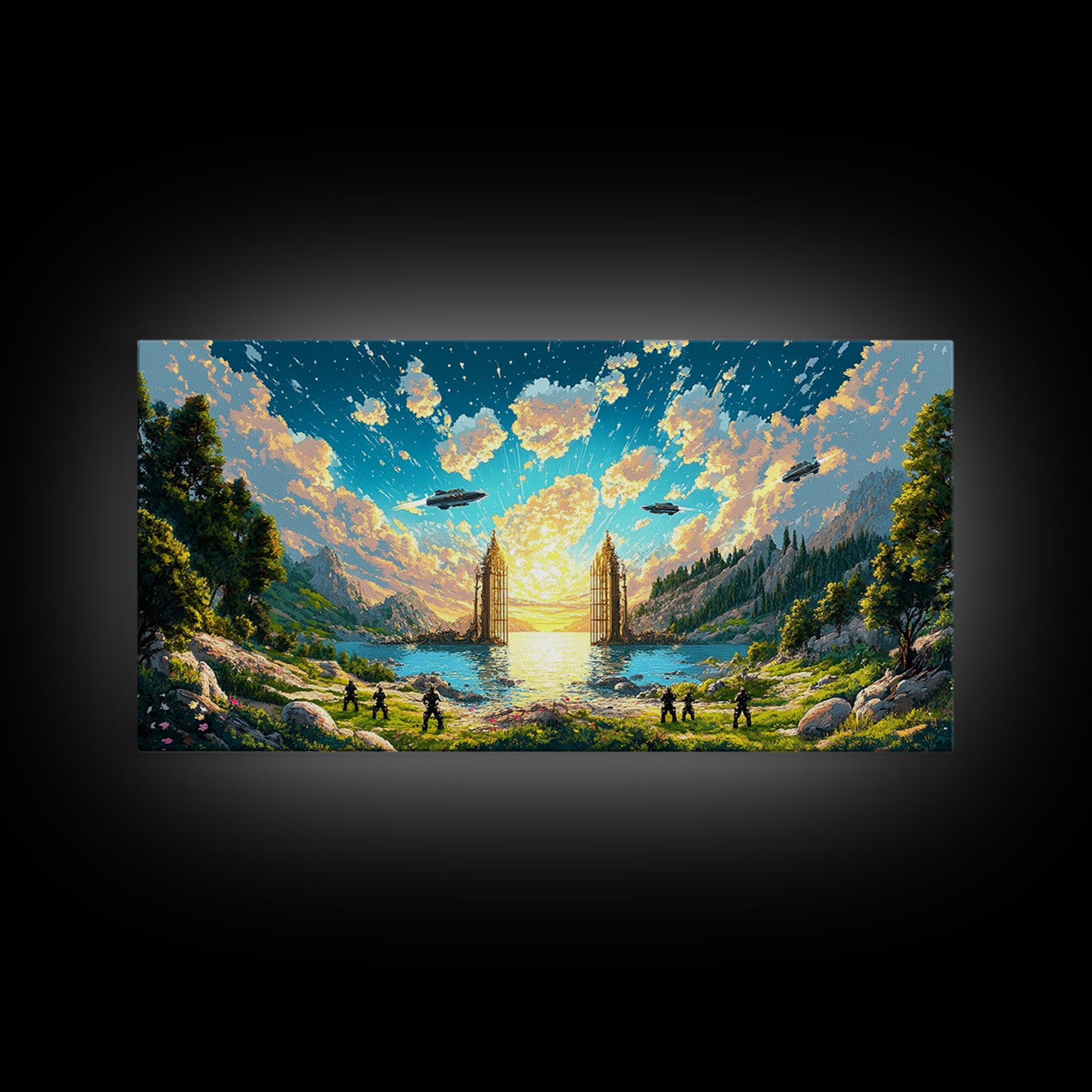 Fantasy Valley Portal Canvas Print, Epic Mountain Lake Wall Art, Adventure Landscape Decor For Kids Room And Gamer Room Poster