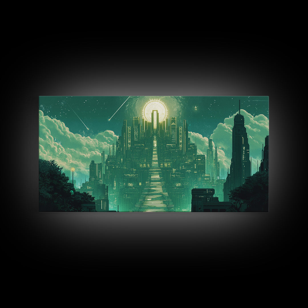Emerald Celestial Temple Wall Art, Mystical Green City Canvas Print, Sci Fi Fantasy Decor For Meditation Room And Office