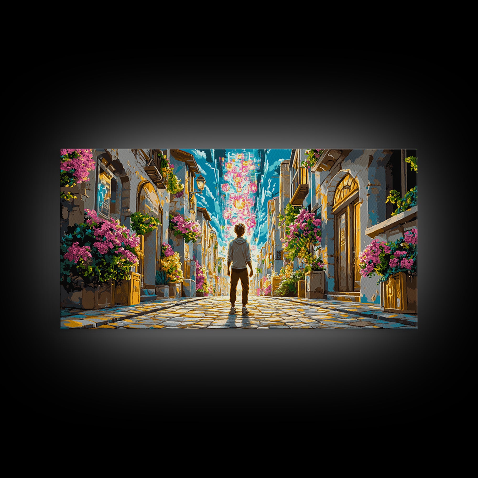 Vibrant Flowered Cobblestone Alley Wall Art, Fantasy Cityscape Canvas, Colorful Travel Poster, Living Room Wall Decor Print
