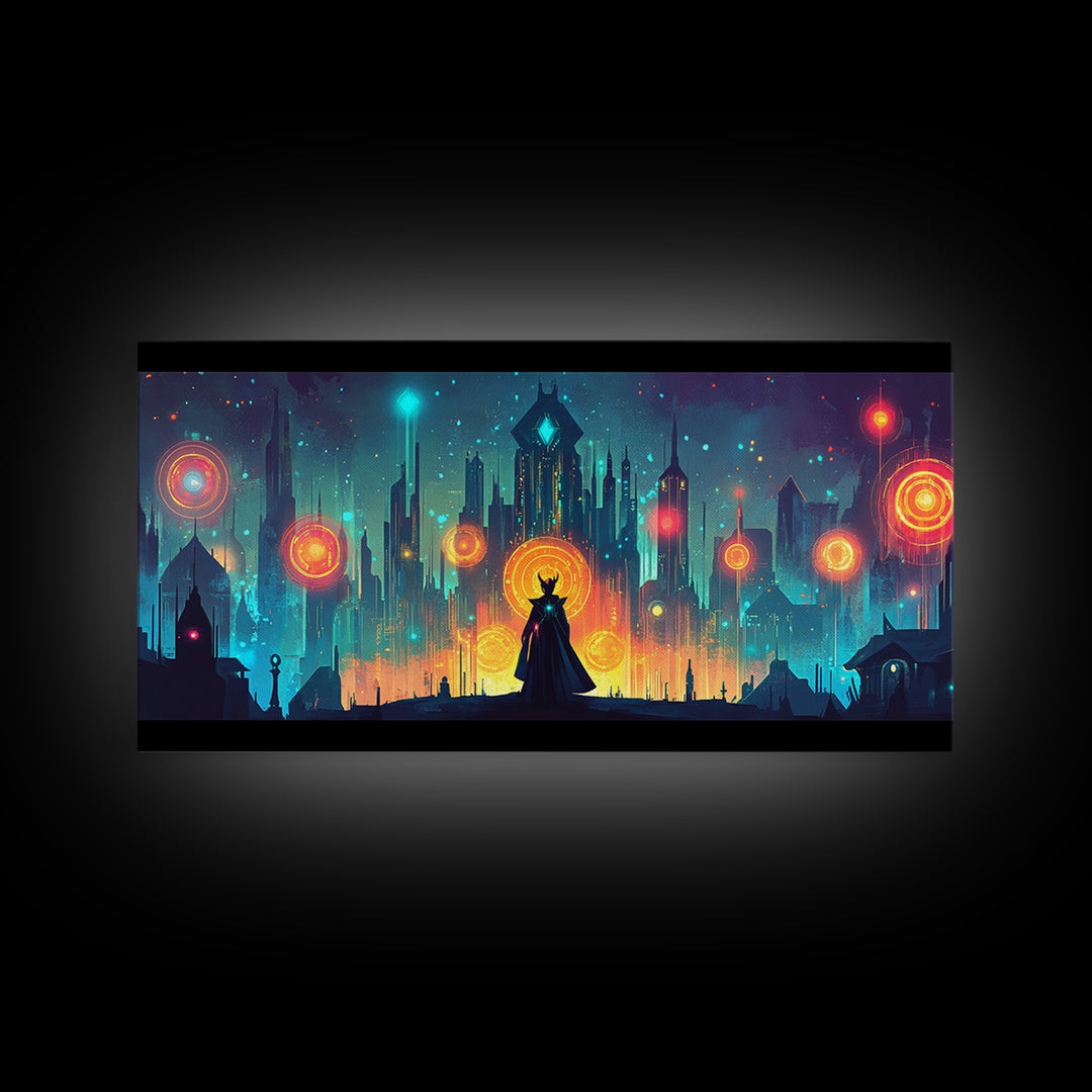 Cloaked Sorceress In Neon Skyline Wall Art, Cyberpunk Fantasy Canvas, Mystical Cityscape, Modern Sci Fi Gamer Room Decor Print