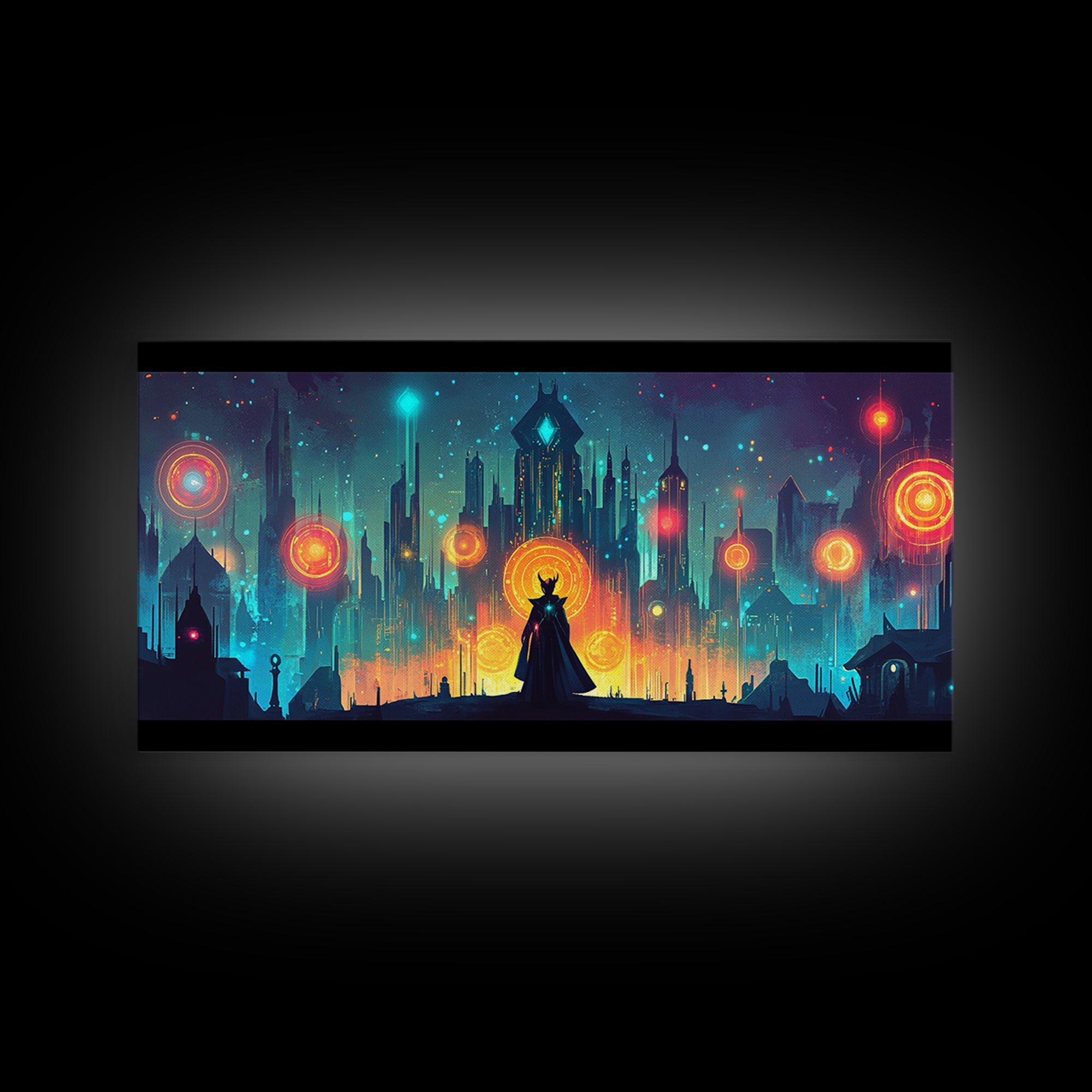 Cloaked Sorceress In Neon Skyline Wall Art, Cyberpunk Fantasy Canvas, Mystical Cityscape, Modern Sci Fi Gamer Room Decor Print