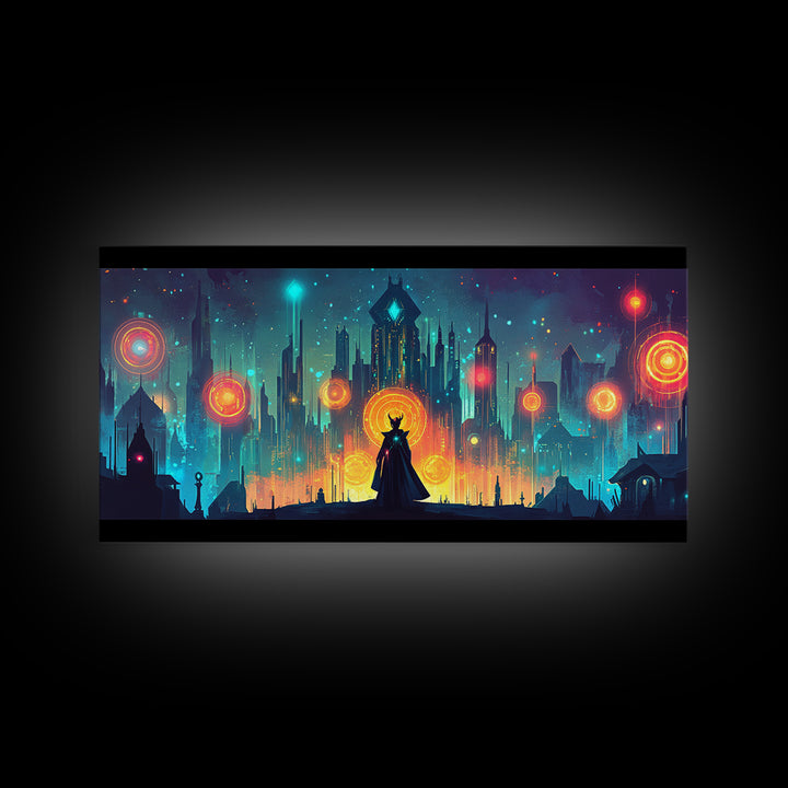 Cloaked Sorceress In Neon Skyline Wall Art, Cyberpunk Fantasy Canvas, Mystical Cityscape, Modern Sci Fi Gamer Room Decor Print