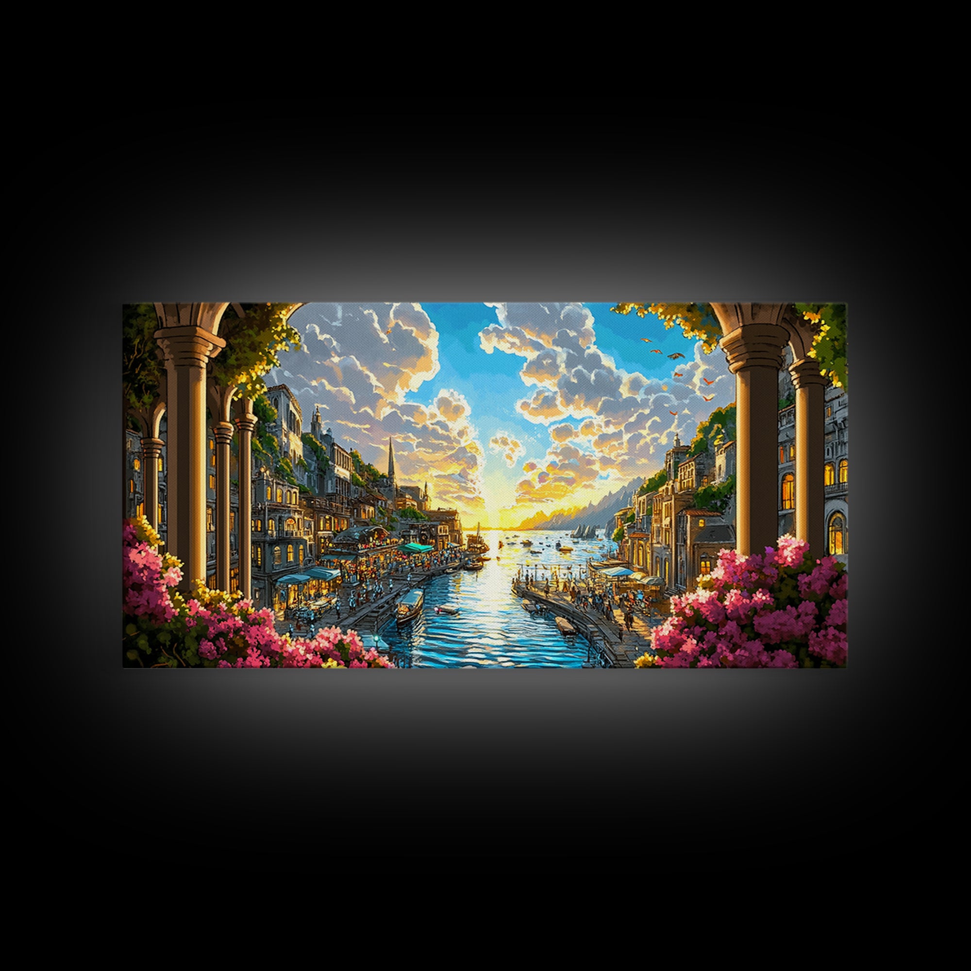 Sunlit Coastal Canal Harbor Wall Art, Mediterranean Cityscape Canvas, Seaside Landscape Print, Elegant Living Room Decor