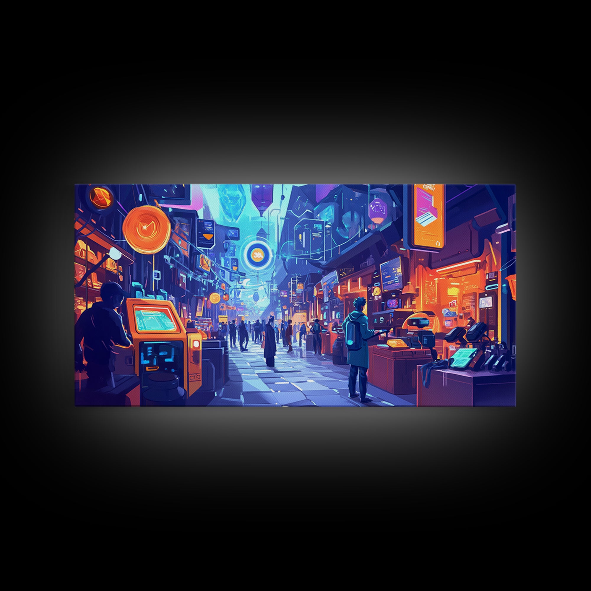 Neon Cyberpunk Market Arcade Wall Art, Futuristic City Canvas Print, Modern Gamer Room Decor, Sci Fi Urban Street Poster