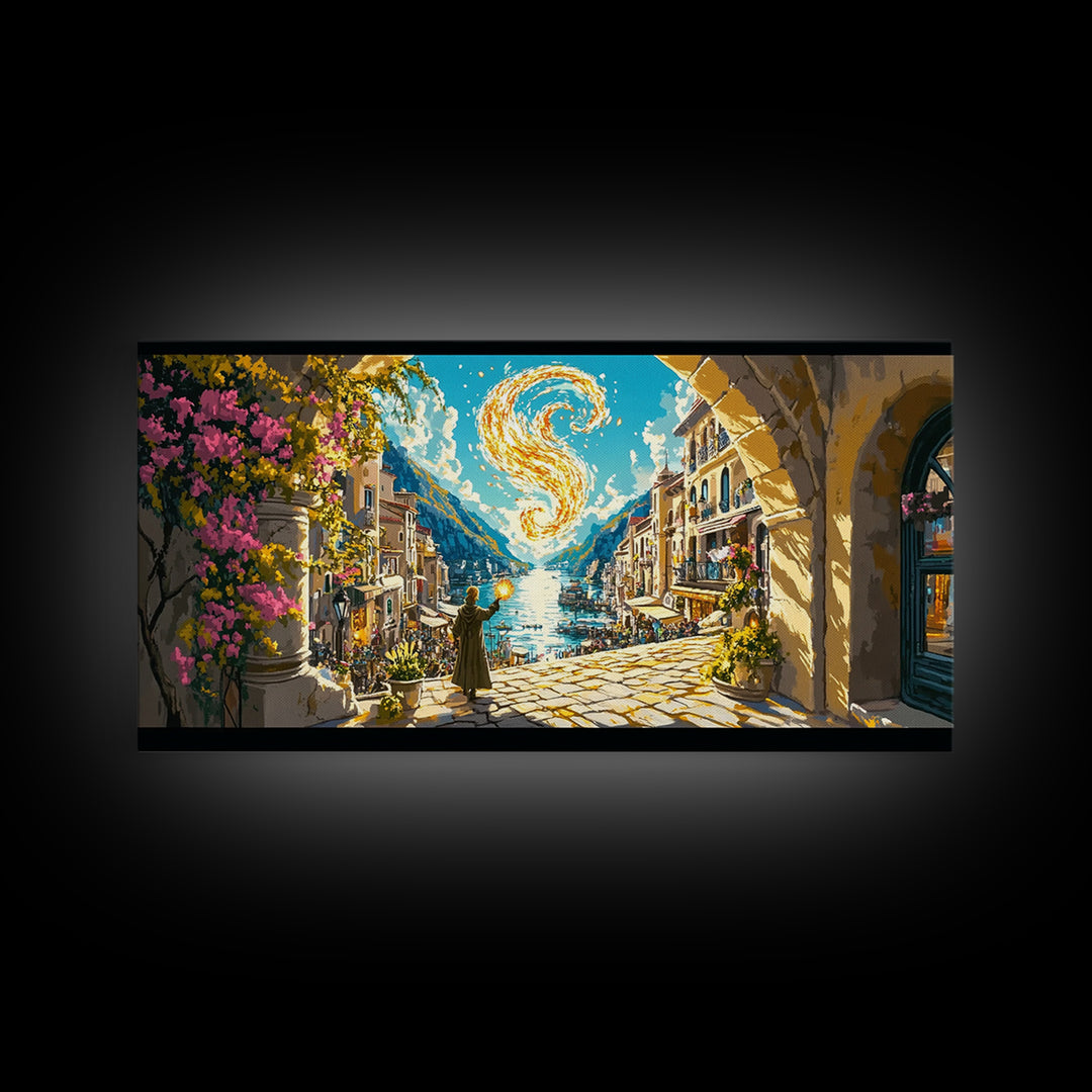 Golden Swirl Over Coastal Village Wall Art, Amalfi Inspired Canvas Print, Mediterranean Travel Poster, Magical Home Decor