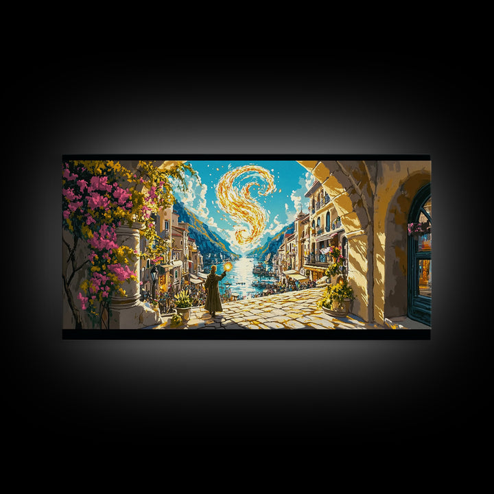 Golden Swirl Over Coastal Village Wall Art, Amalfi Inspired Canvas Print, Mediterranean Travel Poster, Magical Home Decor