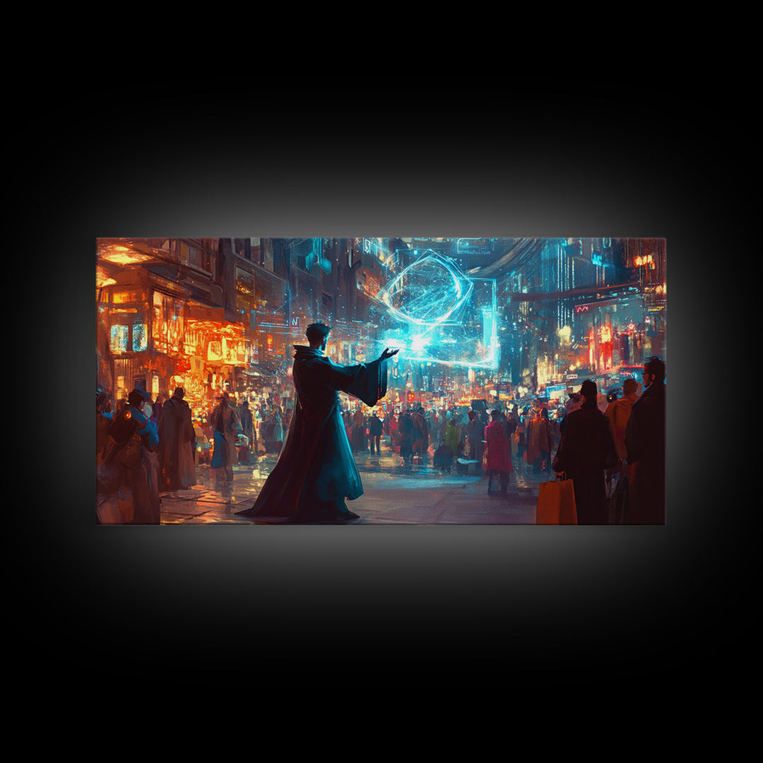 Wizard Casting Hologram In Neon City Wall Art, Cyberpunk Fantasy Canvas Print, Sci Fi Poster, Futuristic Modern Office Decor