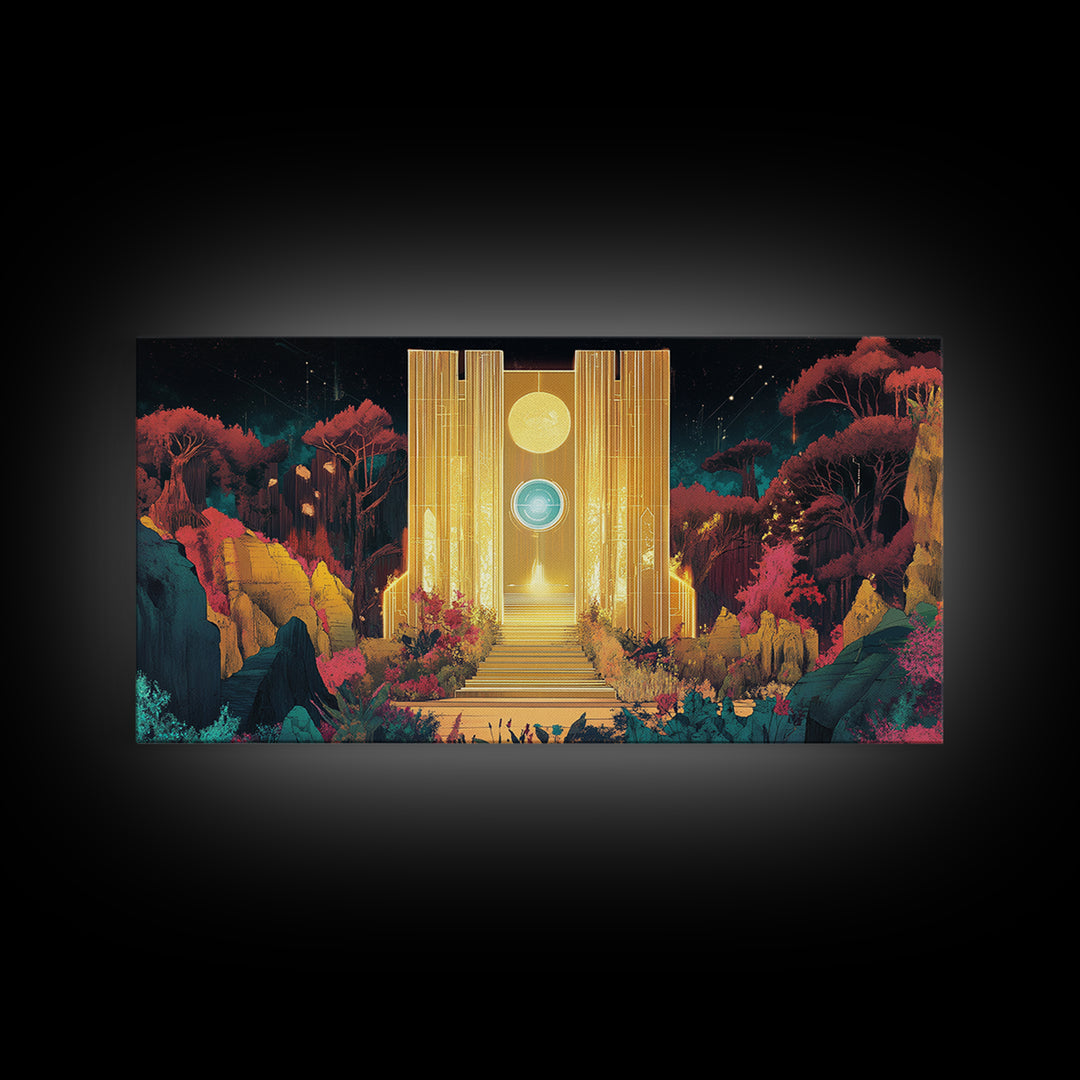 Golden Portal Temple In Alien Garden Wall Art, Celestial Fantasy Canvas Print, Mystical Landscape, Statement Art Home Decor