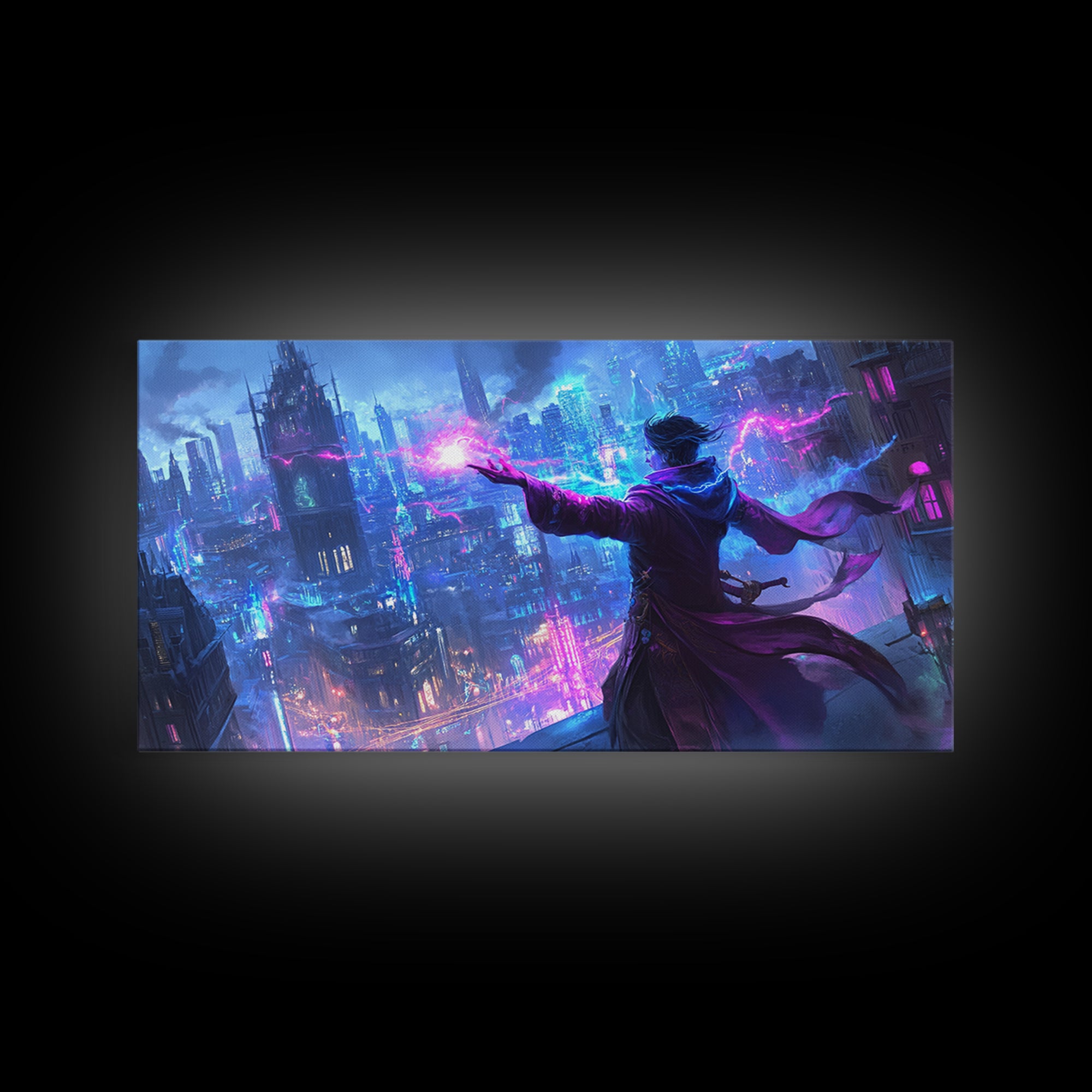Mage Casting Neon Lightning Over City Wall Art, Cyberpunk Fantasy Canvas Print, Futuristic Skyline, Sci Fi Gamer Room Decor