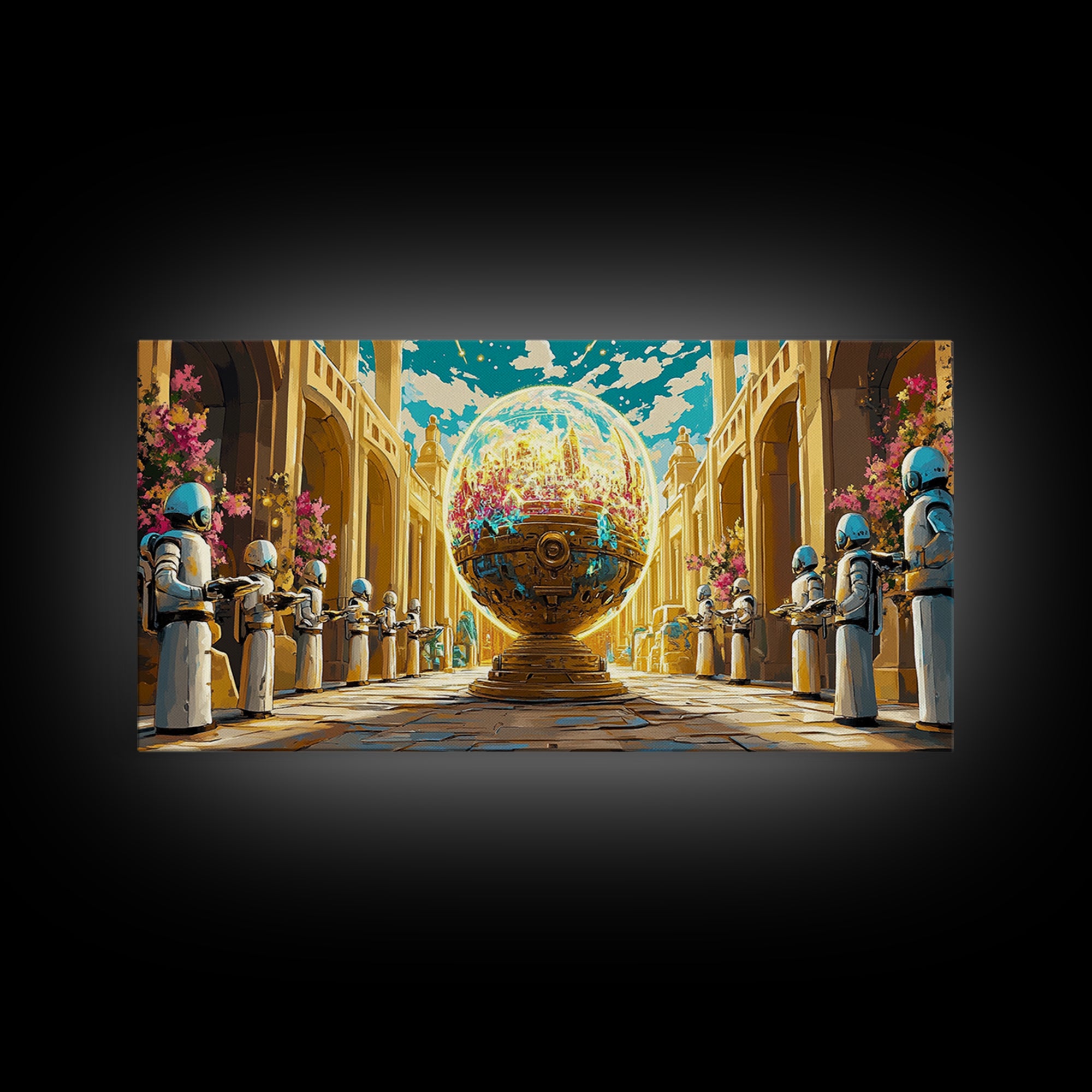 Golden Orb Palace With Futuristic Guards Wall Art, Sci Fi Fantasy Canvas Print, Maximalist Cityscape, Unique Art Home Decor