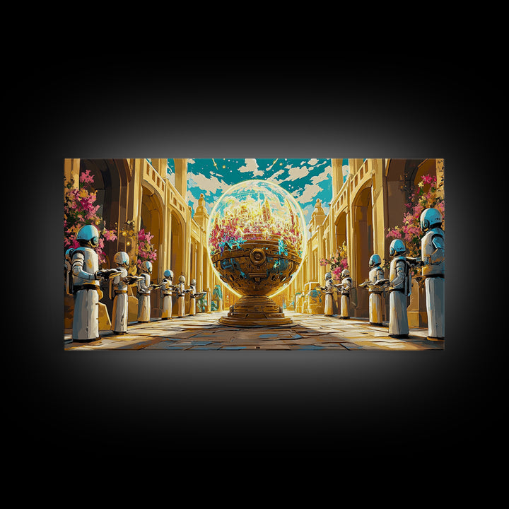 Golden Orb Palace With Futuristic Guards Wall Art, Sci Fi Fantasy Canvas Print, Maximalist Cityscape, Unique Art Home Decor