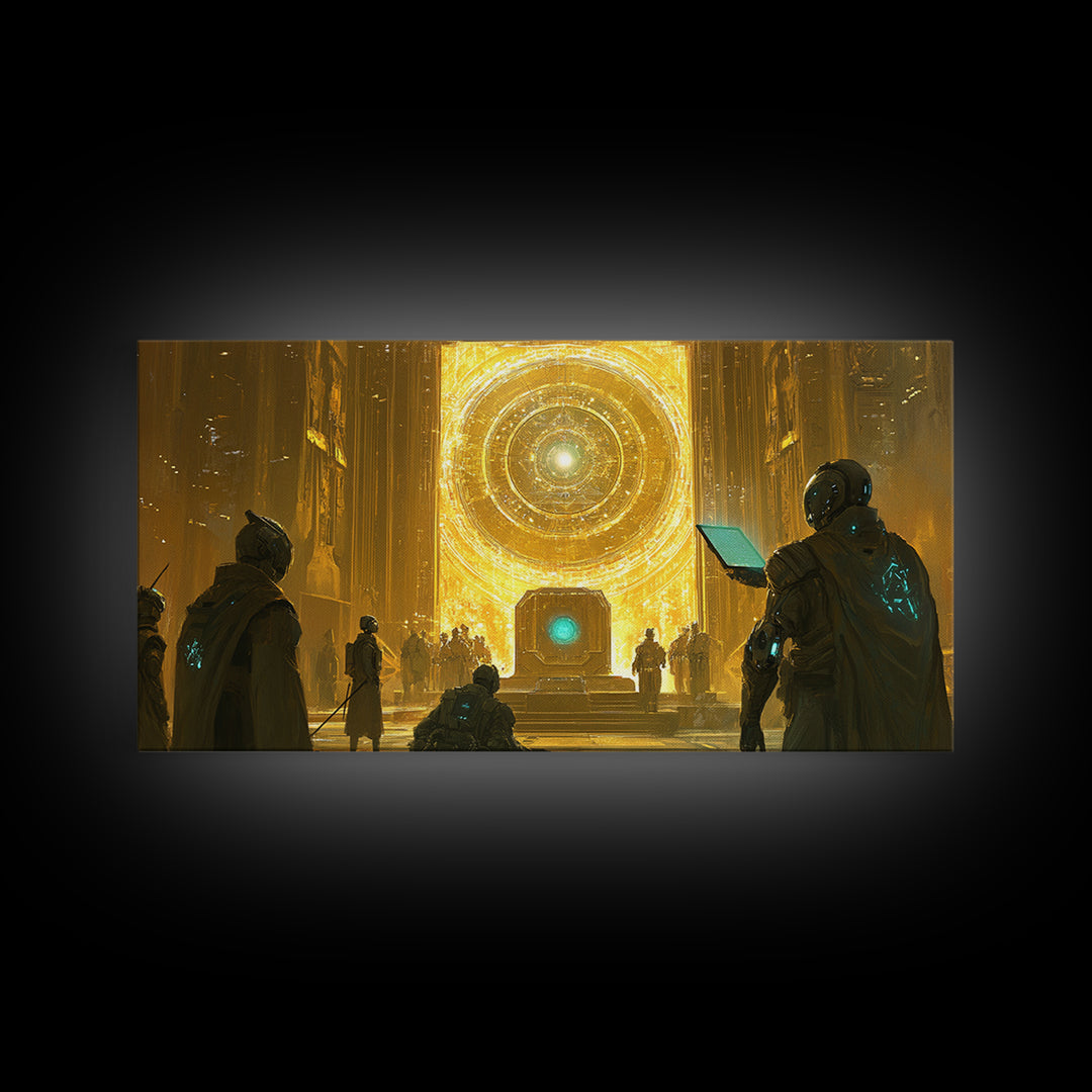 Radiant Cosmic Portal Hall With Astronauts Wall Art, Golden Sci Fi Canvas Print, Futuristic Temple, Celestial Statement Home Decor