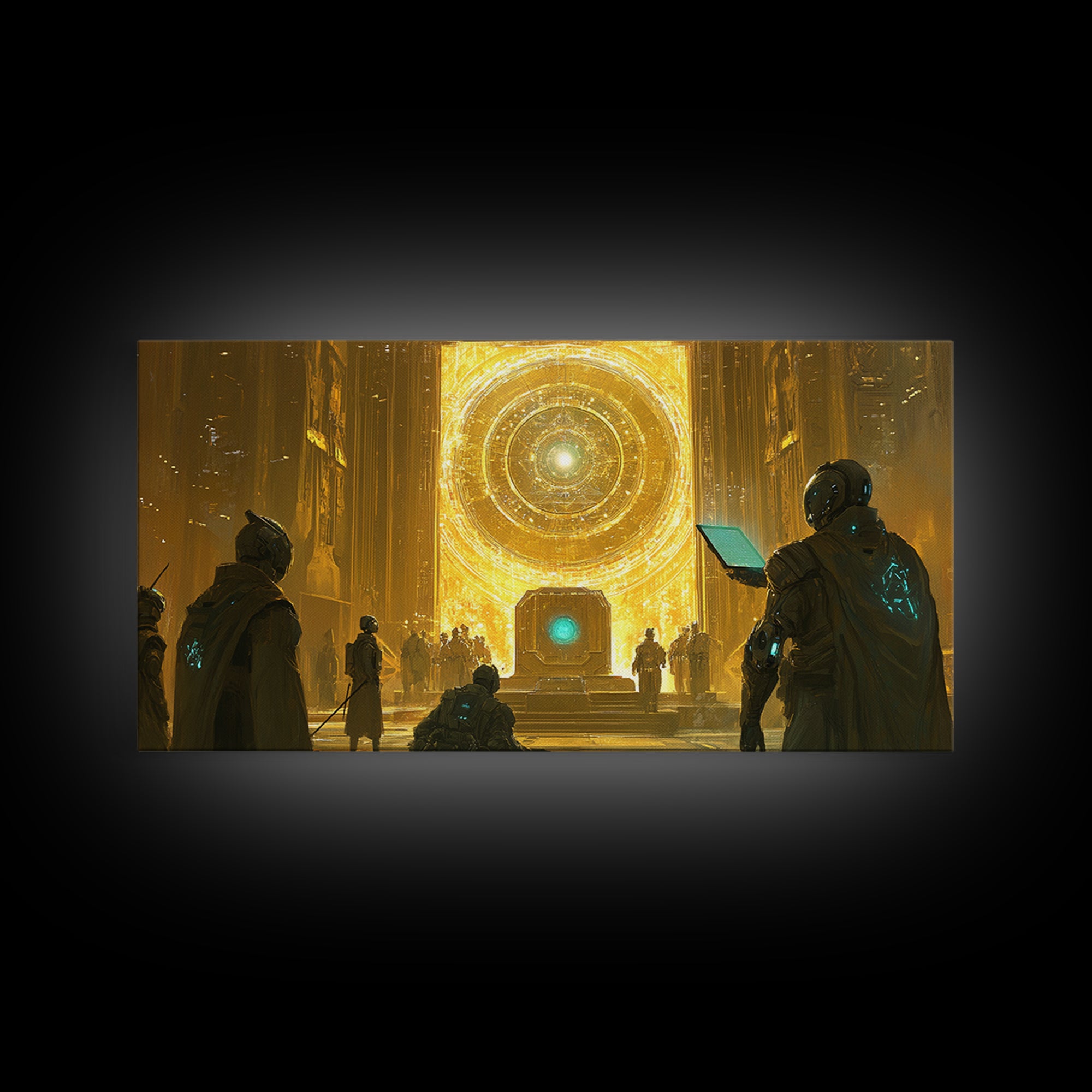 Radiant Cosmic Portal Hall With Astronauts Wall Art, Golden Sci Fi Canvas Print, Futuristic Temple, Celestial Statement Home Decor