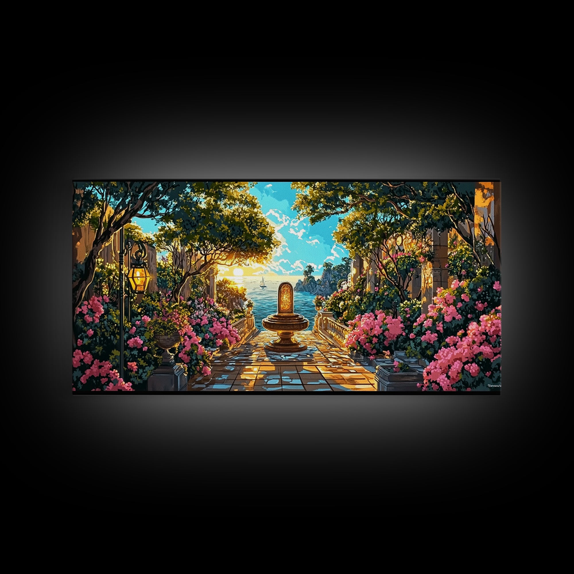 Sunlit Mediterranean Garden Fountain Canvas Print, Coastal Wall Art, Fantasy Landscape Art, Living Room Decor, Housewarming Gift