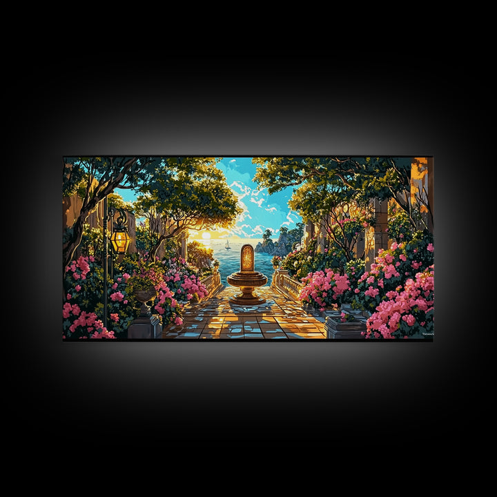 Sunlit Mediterranean Garden Fountain Canvas Print, Coastal Wall Art, Fantasy Landscape Art, Living Room Decor, Housewarming Gift