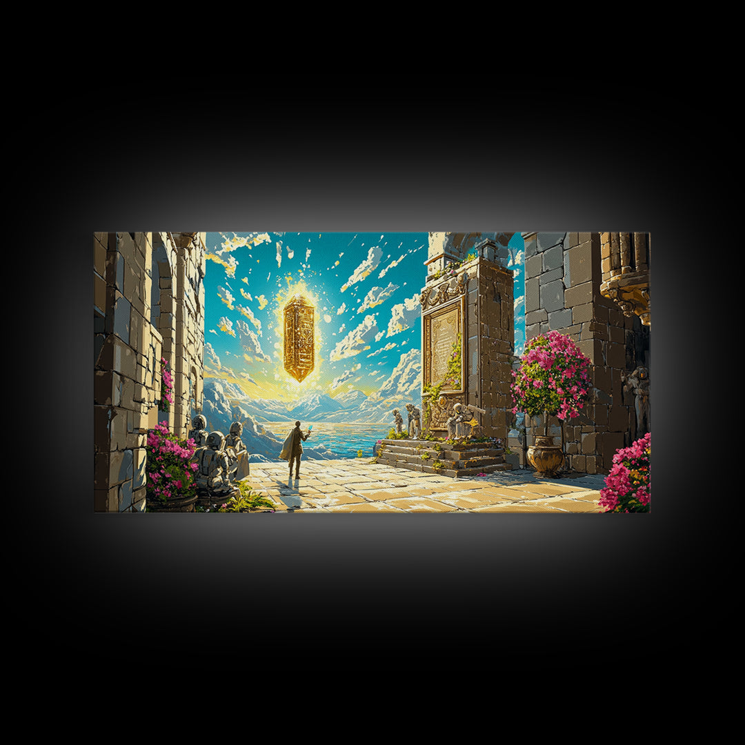 Ancient Seaside Temple Portal Framed Canvas Print, Fantasy Wall Art, Mountain Landscape Art, Living Room Decor, Unique Gift